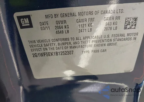 2011 Chevrolet Impala Ls z USA, uszkodzony, nr VIN 2G1WF5EK1B1252307